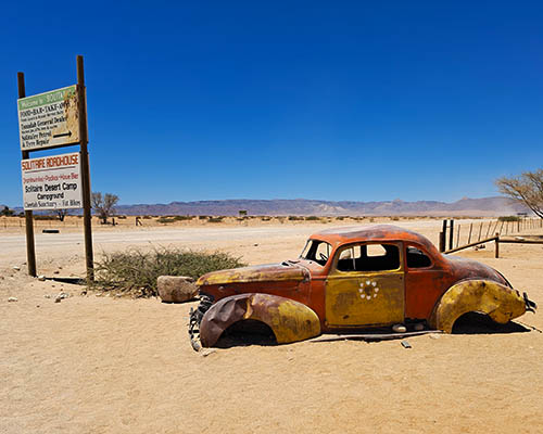 Solitaire, a remote desert outpost in Namibia known for its rustic charm, scenic landscapes, fresh apple pie, and gateway to Namib-Naukluft Park